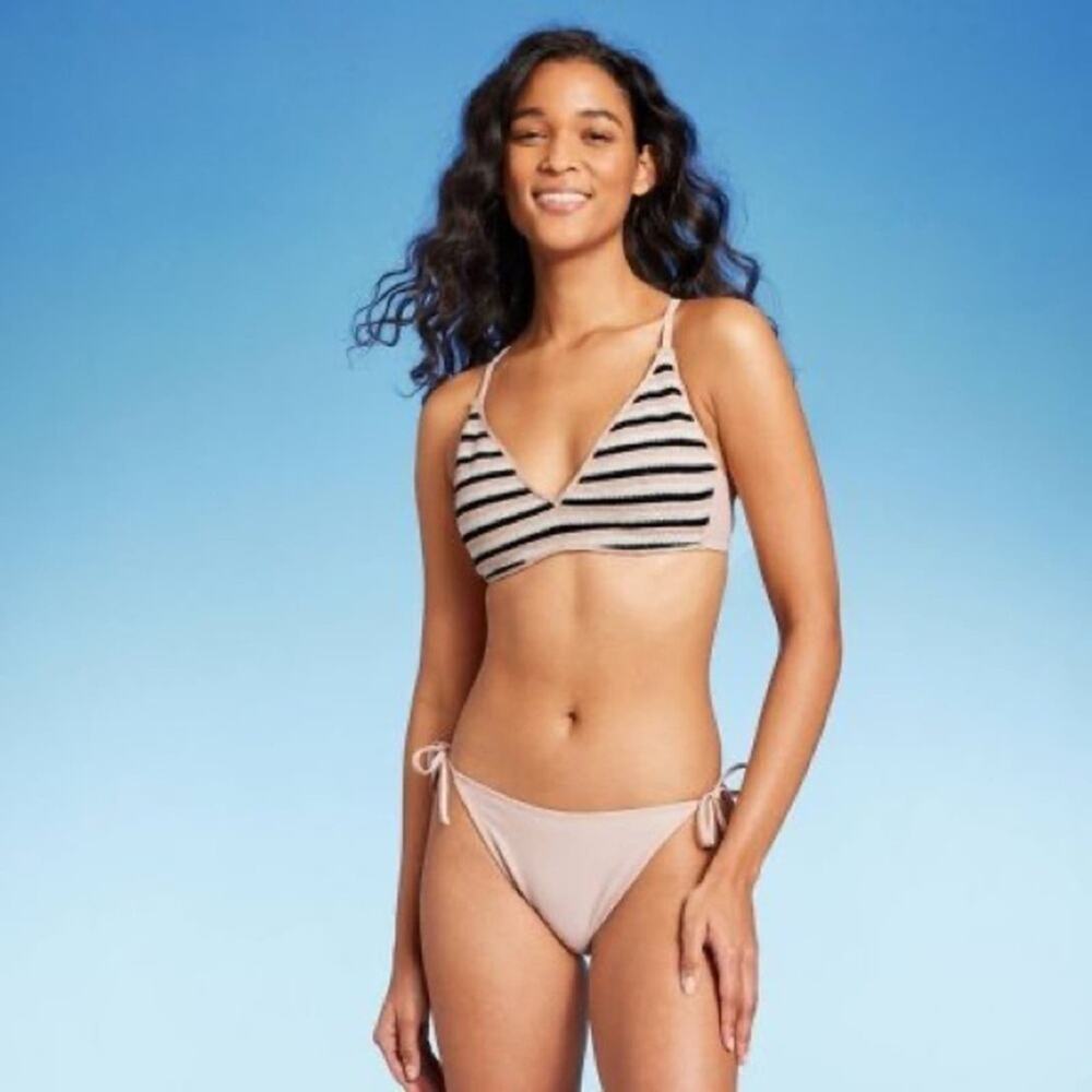 Wild‎ Fable Women Crochet Bralette Bikini Set Cream Black Striped Medium